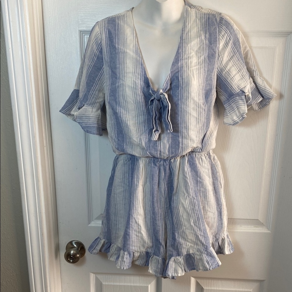 Loveriche Blue and White Striped Romper Nautical Ruffle shirt sleeves and Hem